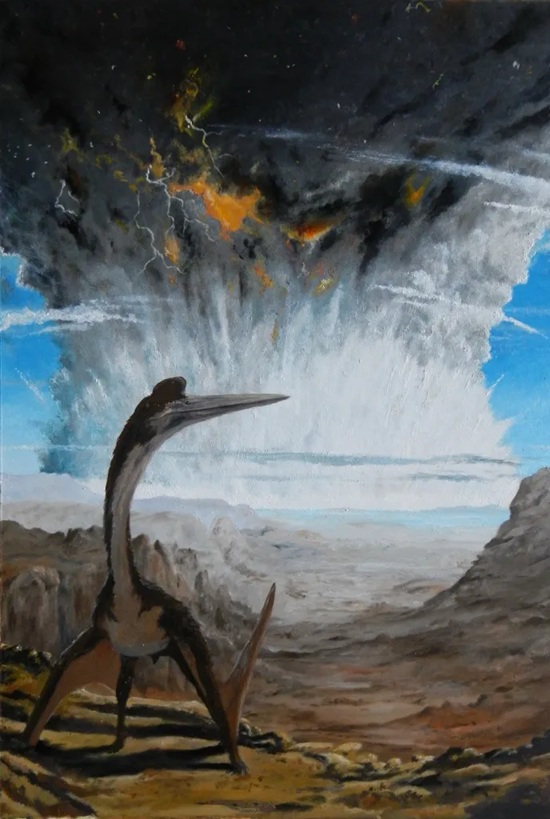 Obří pterosaur z čeledi Azhdarchidae sleduje konec druhohodní éry v přímém přenosu. Jak ukazují nové objevy, ke hromadnému vymírání před 66 miliony let vydatně přispěl i globální oblak jemného prachu, vyhozený srážkou do atmosféry. Kredit: Vladimír R