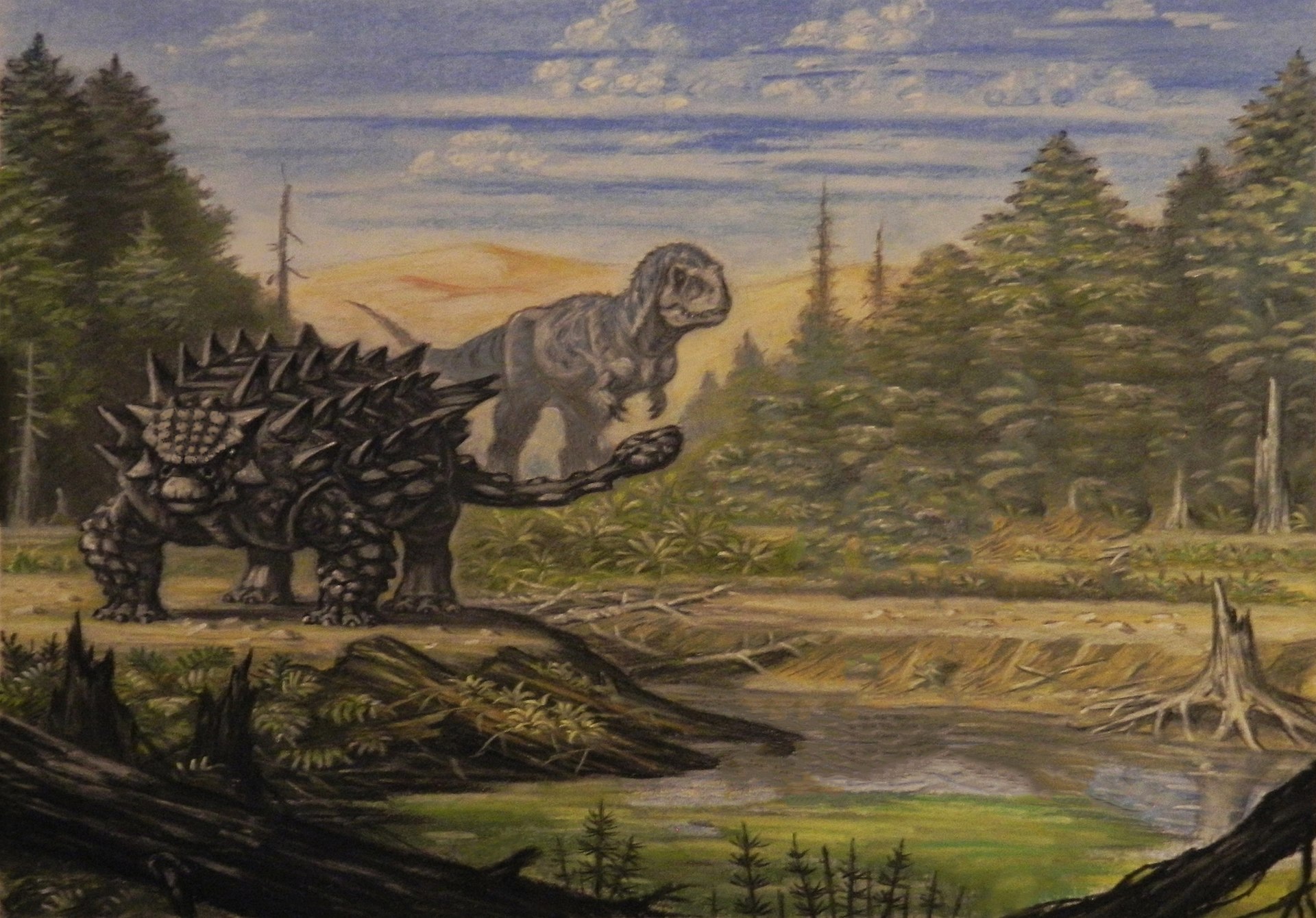 Rekonstrukce ekosystému pozdně křídového souvrství Nemegt na území současného Mongolska. V době před asi 70 miliony let zde existovala pestrá společenstva dinosaurů, jako byl obrněný ankylosaurid Saichania chulsanensis (v popředí) nebo obří tyranosau