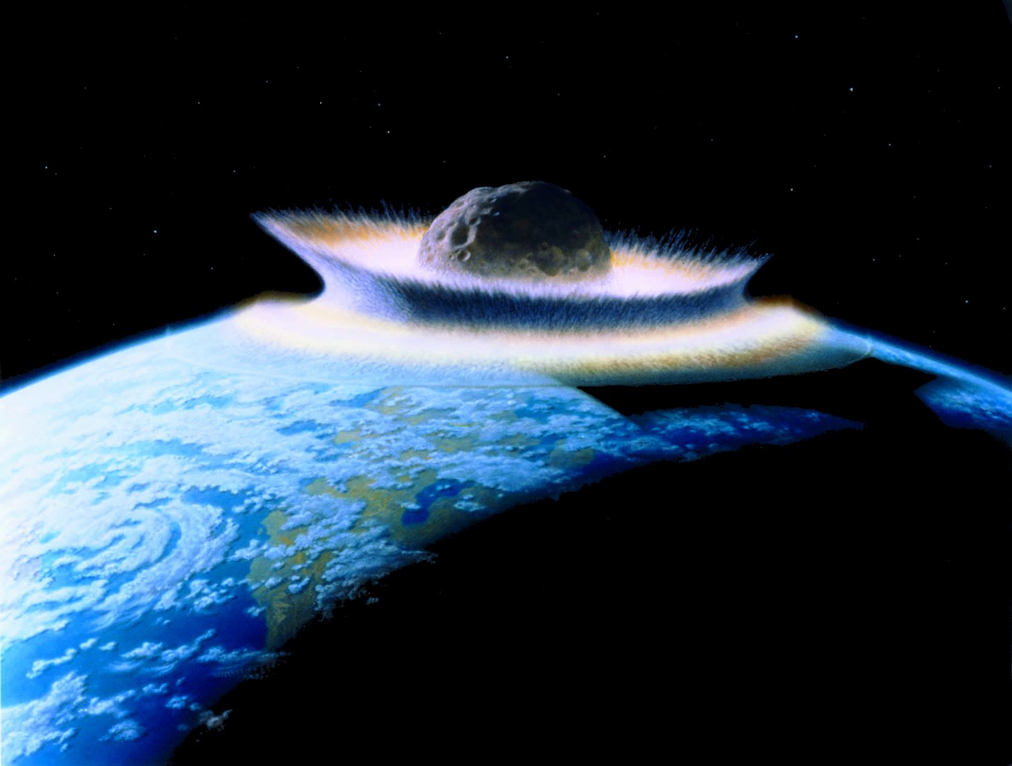 Umělecká představa masivní kolize asi 1000 km velkého objektu (planetoidu) s mladou Zemí. Podobné katastrofy nepředstavitelného rozsahu mohly opakovaně vyhlazovat vznikající život na naší planetě v době před zhruba 4 až 3,5 miliardami let. Katastrofa