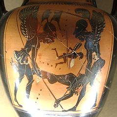 Hypnos a Thanatos na váze v Národním muzeum v Aténách. Hypnos je v řecké mytologii syn bohyně noci Nykty a bratr (dvojče) boha smrti Thanata. Je bohem spánku a také sám spánek. Nám lidem dává sny. Kredit: Wikipedia.