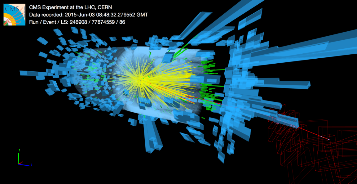 Srážka protonů zobrazená v experimentu CMS (zdroj CERN).