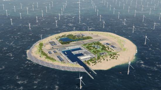 K integraci velkých mořských farem na severu Evropy do elektrických sítí se plánují vybudovat umělé ostrovy (zdroj Energinet.dk).