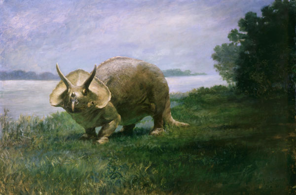 Tak nÄ›jak si moĹľnĂˇ pĹ™edstavovali povrch VenuĹˇe autoĹ™i sci-fi literatury na pĹ™elomu 19. a 20. stoletĂ­. Dnes uĹľ vĂ­me, Ĺľe zde vyobrazenĂ˝ ceratopsid Triceratops mÄ›l dynamiÄŤtÄ›jĹˇĂ­ postoj a hlavnÄ› je nĂˇm jasnĂ©, Ĺľe na VenuĹˇi bychom se s