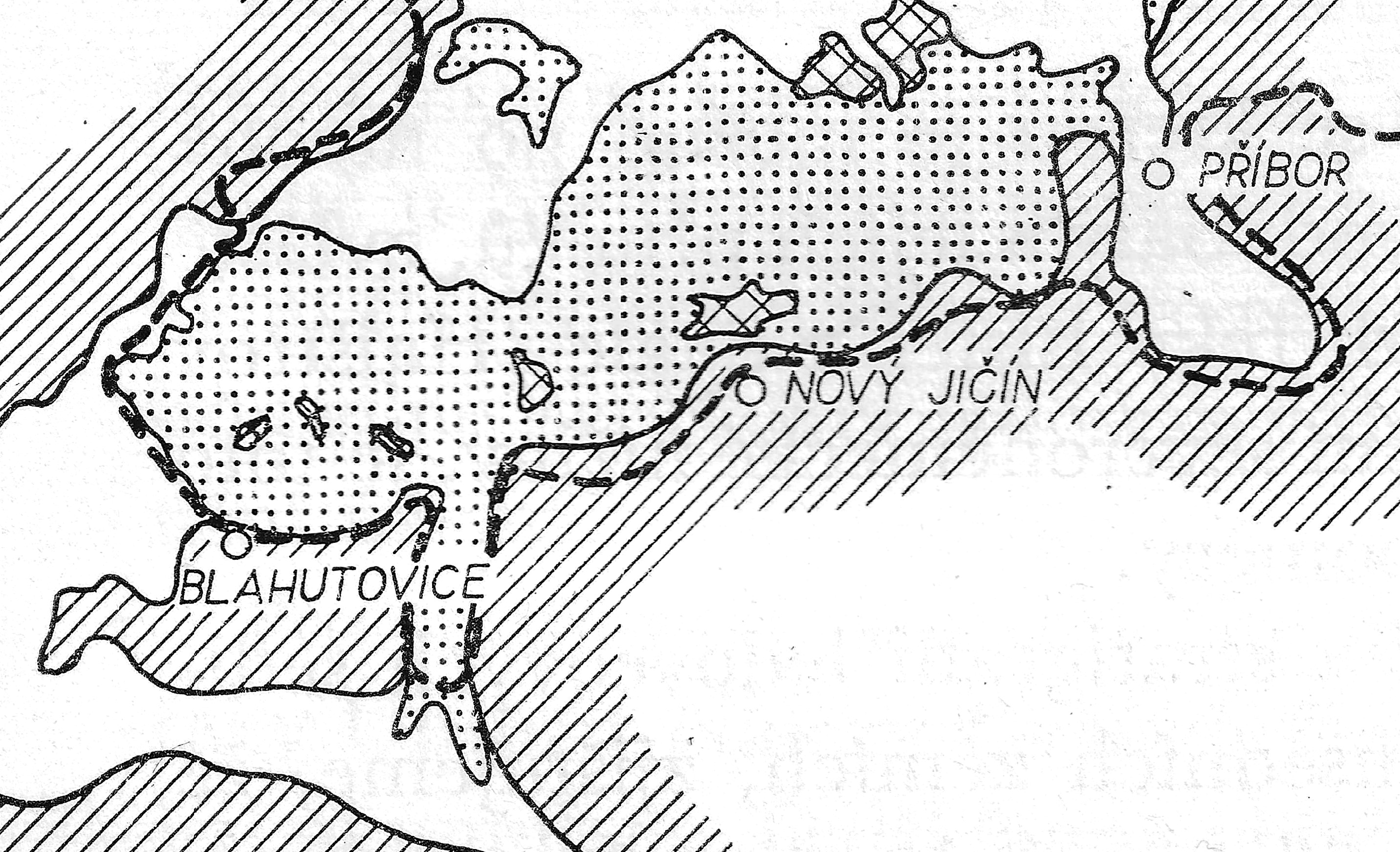 Nejzazší hranice sálského zalednění v Moravské bráně  podle Macouna a kol. (1965). Zobrazena plocha 19,5x32 km. Nejjižnější hranice maximálního rozsahu zalednění (přerušovaná čára) je 6 km JV od Blahutovic a  10 km JZ od Nového Jičína. Jižní okraj za