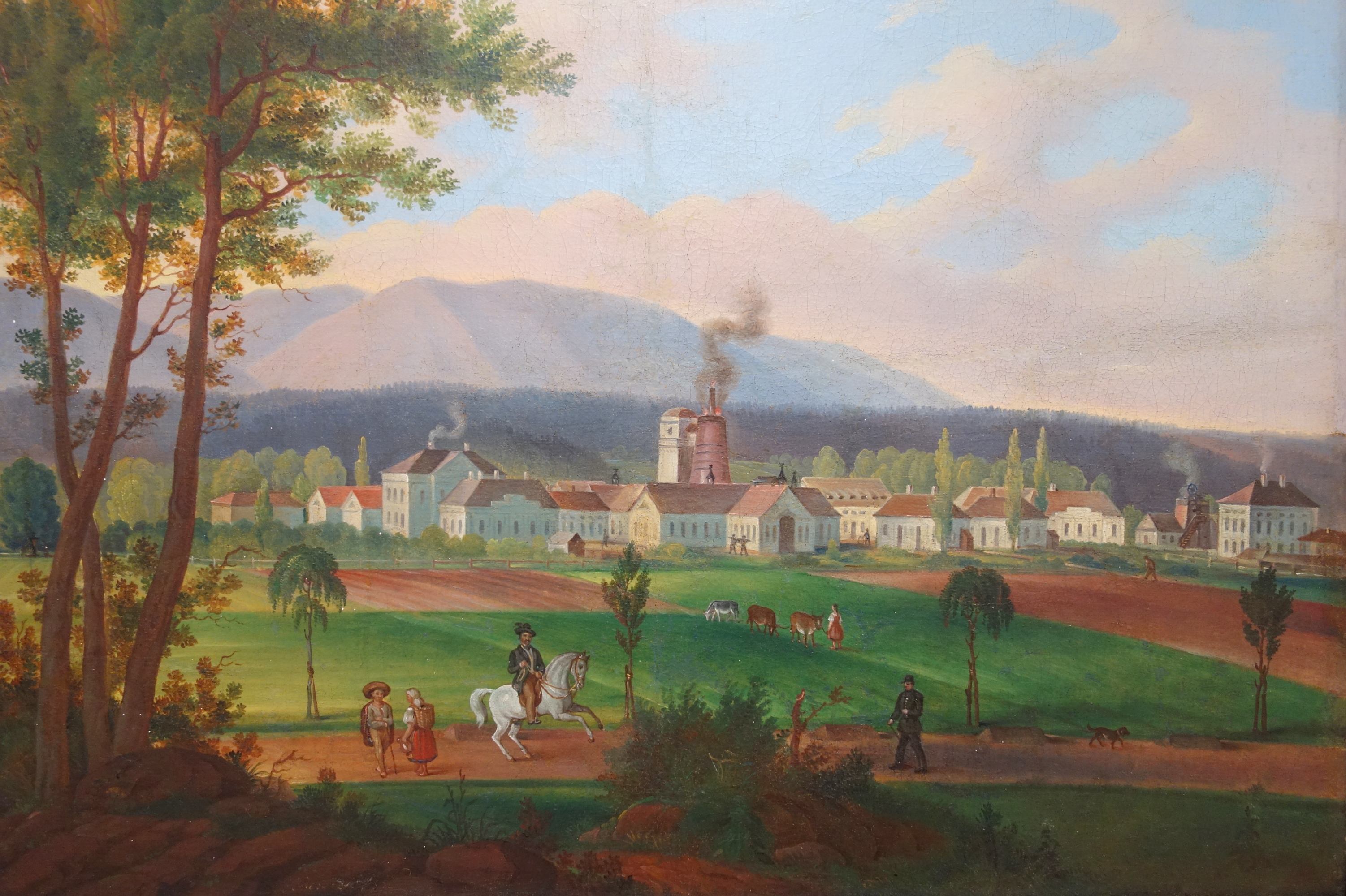 Železárny Těšínské komory v Třinci. Malba z roku 1842 v Muzeu Třineckých železáren a města Třince. Foto: A. Uhlíř, říjen 2019.