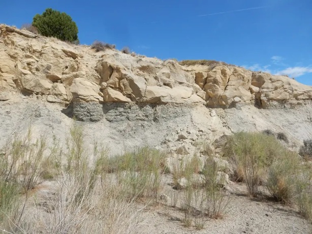 Výchozy geologického souvrství Ojo Alamo Sandstone v oblasti Bisti Wilderness (severozápad Nového Mexika). I z těchto sedimentů o stáří 69 až 64 milionů let už byly hlášeny objevy údajných paleocénních dinosaurů. Kredit: Kent G. Budge; Wikipedia (CC0