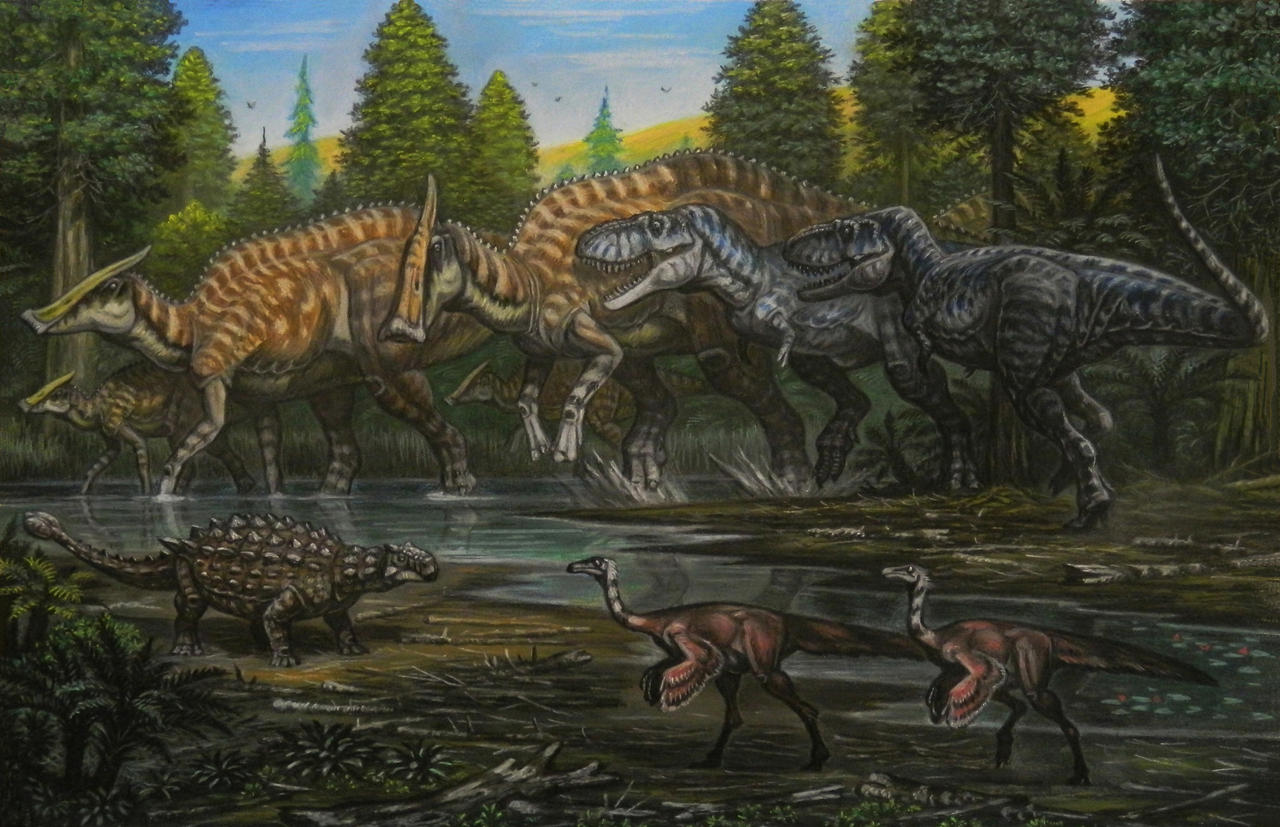 Obří východoasijský tyranosaurid Tarbosaurus bataar byl popsán v roce 1955 jako v pořadí první zástupce čeledi Tyrannosauridae známý mimo Severní Ameriku. Zde dvojice tarbosaurů loví kachnozobé saurolofy, v popředí ankylosaurid Tarchia a ornitomimidi