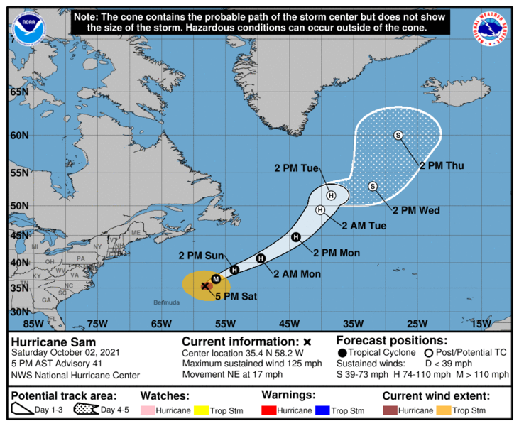 Hurikán Sam, 2. října 2021. Kredit: National Hurricane Center / Wikimedia Commons.