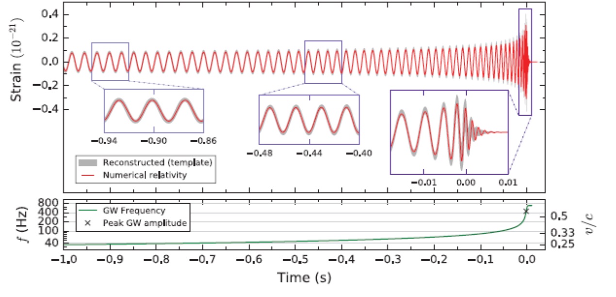 PorovnĂˇnĂ­ rekonstruovanĂ© relativnĂ­ amplitudy s modelovĂ˝m vĂ˝poÄŤtem pro pĹ™Ă­sluĹˇnĂ© uvedenĂ© parametry soustavy. (Zdroj Physicall Review Letters 116, 241103 (2016)).