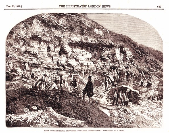 Ilustrace z novinového článku z konce roku 1857, zachycující Samuela H. Becklese, řídícího vykopávky v Dorsetu. Beckles obdržel zkameněliny haestasaura o pět let dříve z okolí města Hastings a poskytl je k výzkumu Gideonu A. Mantellovi, jednomu z prů