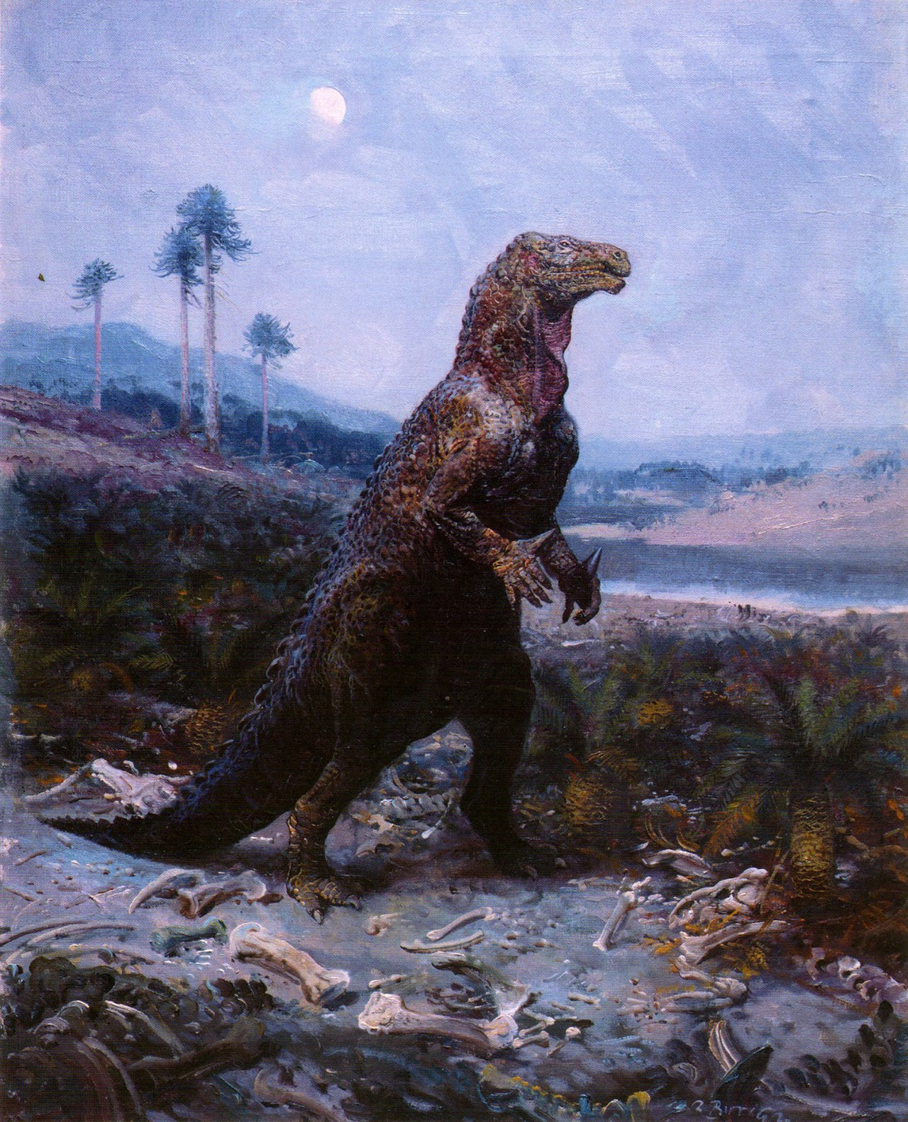 OpÄ›t ornitopod Iguanodon bernissartensis, tentokrĂˇt v podstatnÄ› starĹˇĂ­m provedenĂ­ geniĂˇlnĂ­ho malĂ­Ĺ™e ZdeĹ?ka Buriana. O mnoho desetiletĂ­ dĹ™Ă­ve AntonĂ­n FriÄŤ (kterĂ˝ zemĹ™el, kdyĹľ bylo umÄ›lci ze Ĺ tramberka teprve osm let) vÄ›Ĺ™il, Ĺľe 