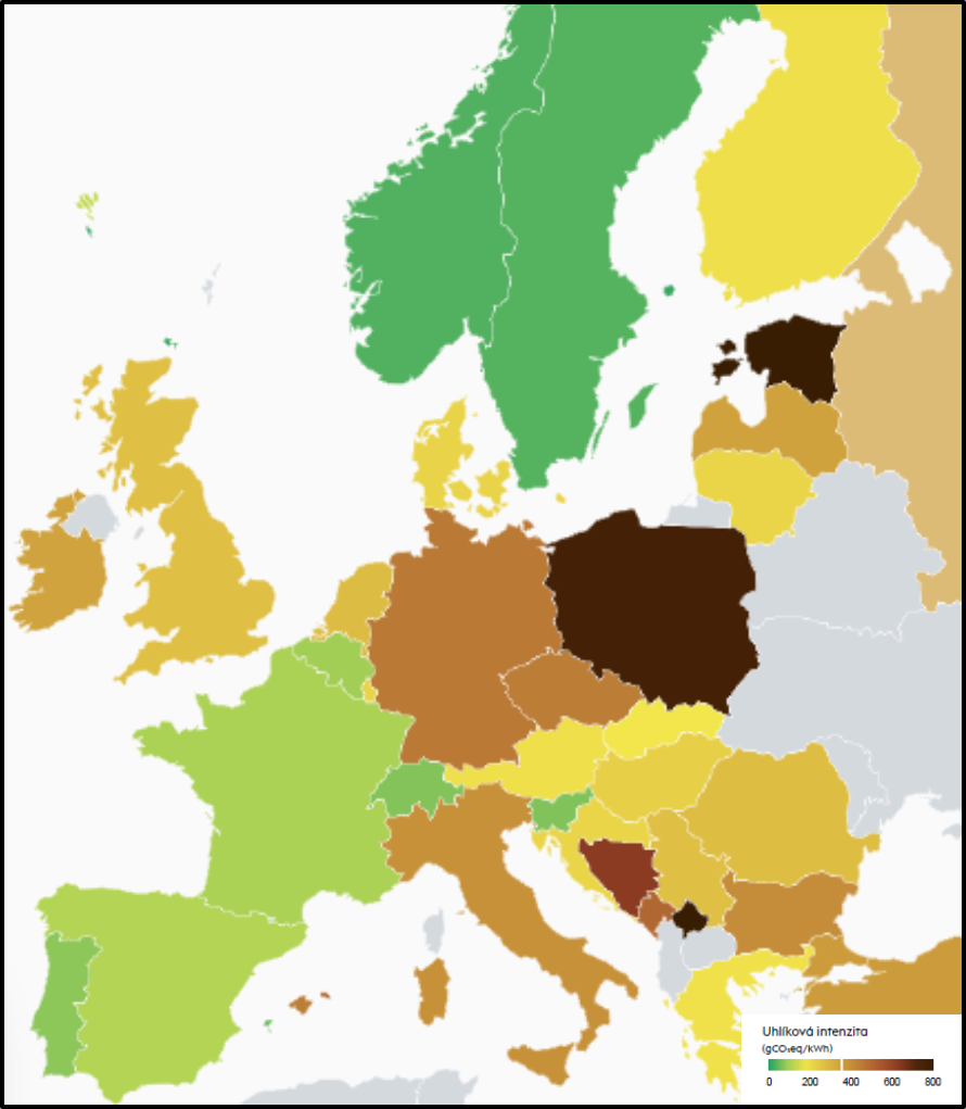 Emise na jednotku vyrobené elektřiny dopoledne 19. 11. 2022. Je vidět, že Francie, Švýcarsko, Švédsko, které využívají kombinaci jádra a obnovitelných zdrojů, mají velmi nízké emise oxidu uhličitého. Naopak Německo má kvůli Energiewende emise velmi v