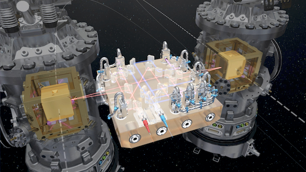 Zlato-platinovĂ© kostky ve volnĂ©m pĂˇdu na LISA Pathfinder. Kredit: ESA / ATG medialab.