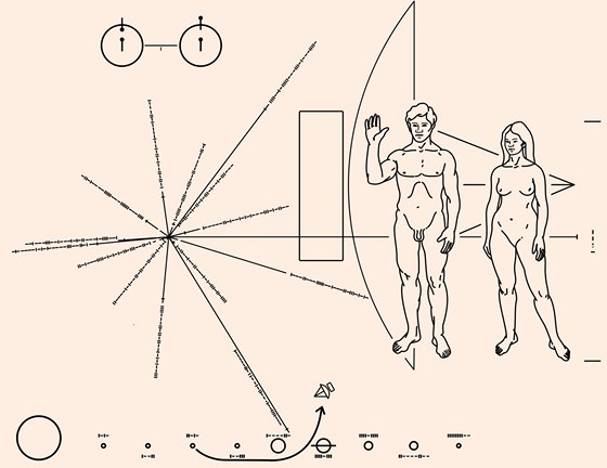Na zlaté plaketě se zprávou pro nálezce sondy Pioneer 10 byla poloha Země vyznačena také pomocí směru ke čtrnácti pulsarům a jejich periodami. Kredit: NASA.