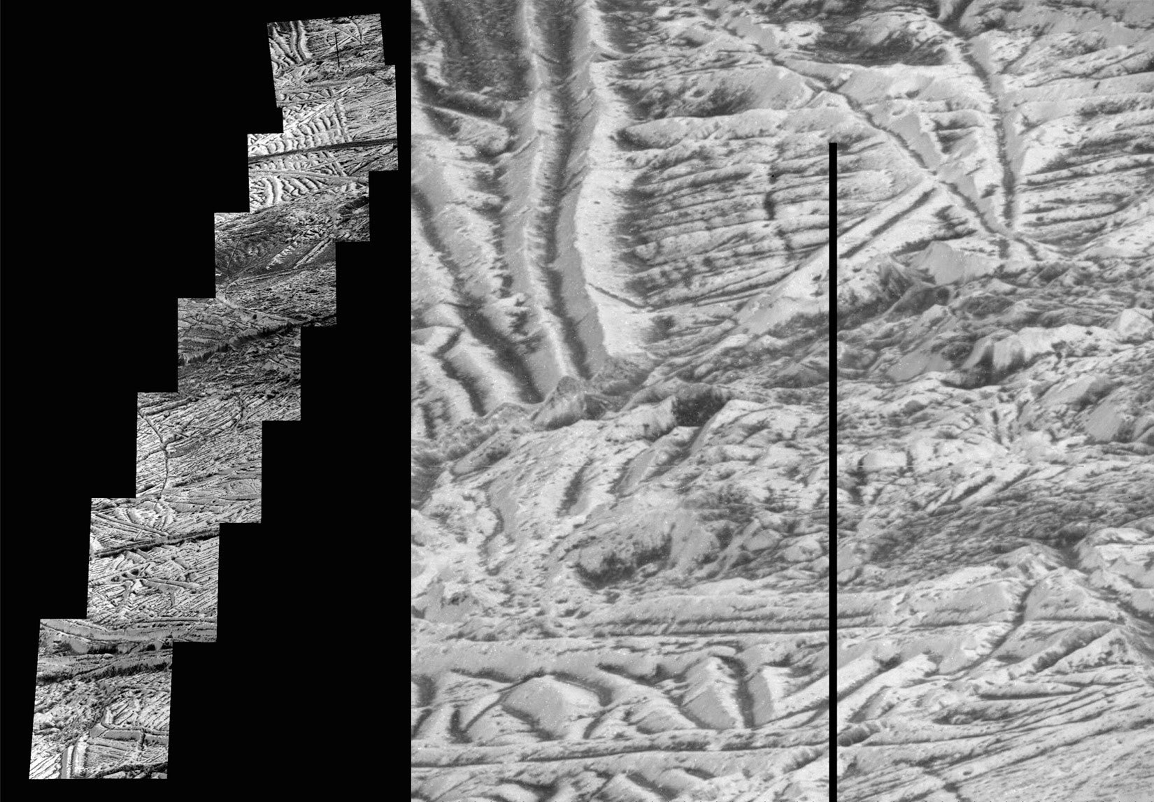 Tato mozaika snímků obsahuje ty nejdetailnější snímky jupiterova měsíce Europa, které pořídila sonda Galileo. Snímek, který se nachází úplně nahoře, má nejvyšší dostupné rozlišení 6 metrů na obrazový bod. Dalších sedm snímků má rozlišení 12 metrů na 