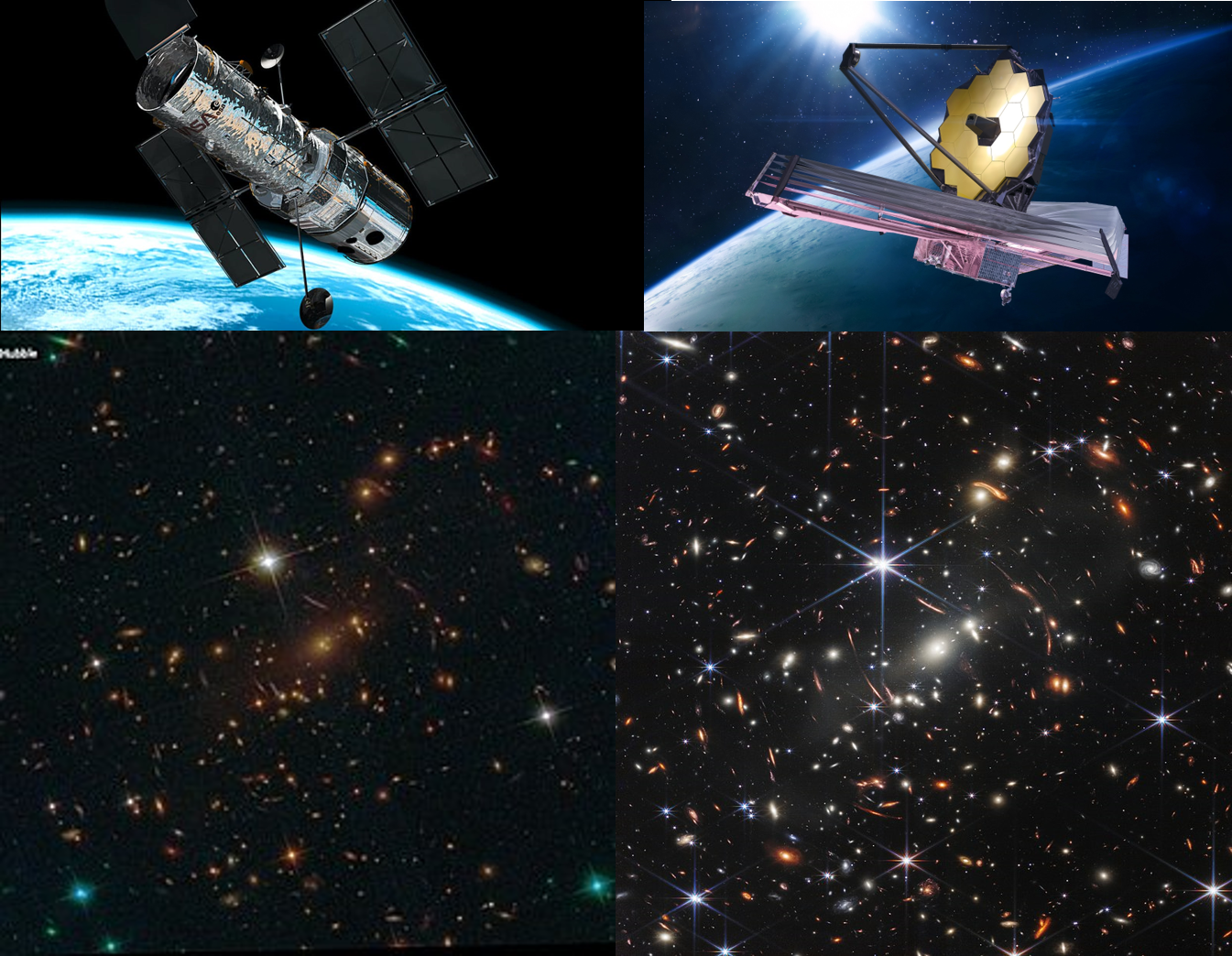 Porovnání fotografie stejné oblasti (kupy galaxií SMACS 0723) pomoci Hubblova a Webbova dalekohledu. Webbův dalekohled má průměr 6,5 m a u Hubblova dalekohledu je to 2,4 m. Díky posunu Webbova dalekohledu do infračervené oblasti se v něm dramaticky z