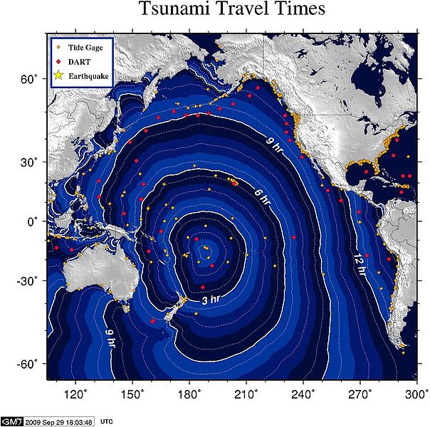 Šíření vln tsunami od Samoi, v roce 2009. Kredit: NOAA/NWS/West Coast and Alaska Tsunami Warning Center.
