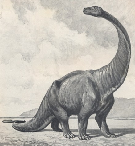 Zastaralá rekonstrukce vzezření „gigantosaura“ od Heinricha Hardera (1912), jakožto představitele pozdně jurských sauropodů z lokality Tendaguru. Před stoletím ještě nemohli paleontologové tušit, že právě druh Janenschia robusta se stane dinosaurem s