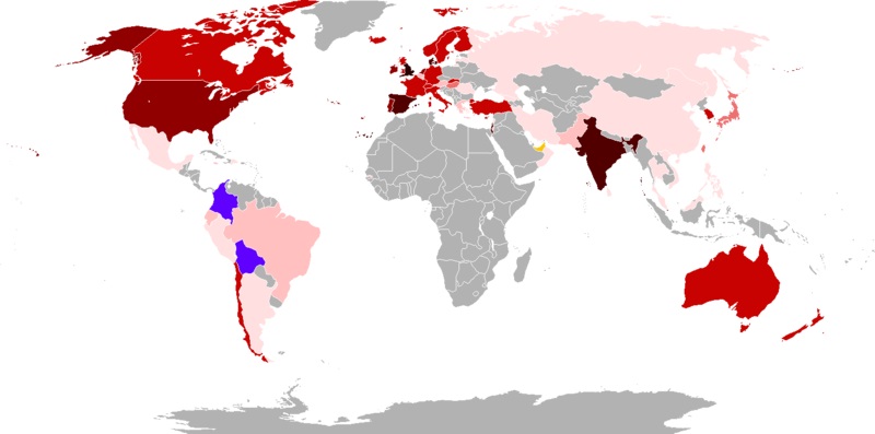 Rozšíření „britské“ varianty k 18. lednu. Česká republika bohužel nepřekvapí oficiální nulou. Kredit: Cifras Confiables / Wikimedia Commons.