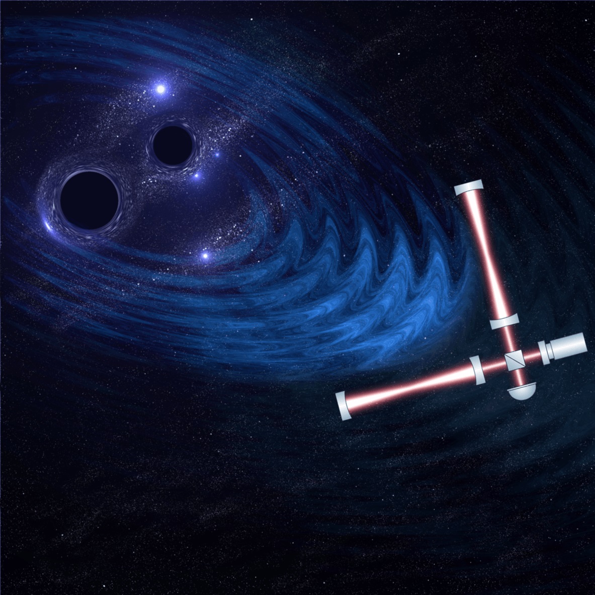 Gravitační observatoř a gravitační vlny. Kredit: University of Birmingham Gravitational Waves Group, Christopher Berry.