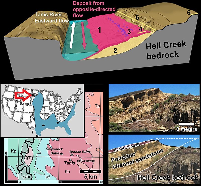 Schematické znázornění lokality „Tanis“, jejího geografického umístění a fotografie vrstevního profilu. Pokud se potvrdí předpokládaný význam tohoto místa, pak se bude nepochybně jednat o jednu z nejvýznamějších paleontologických a geologických lokal