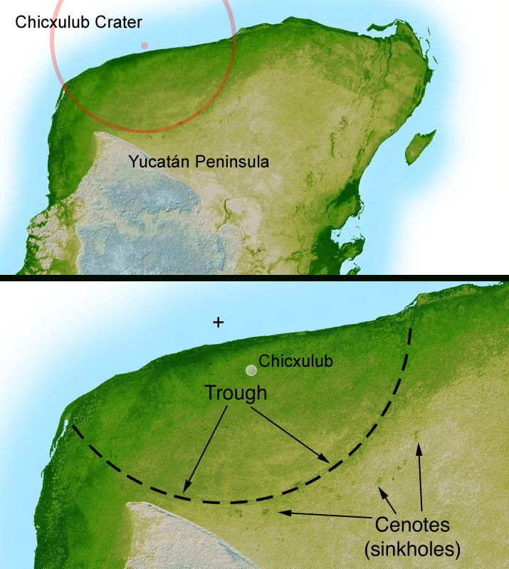 Zvýrazněný okraj kráteru Chicxulub na západním cípu poloostrova Yucatán. Snímek pořízený při radarové topografii v rámci mise raketoplánu STS-99. Kredit: NASA/JPL-Caltech; Wikipedia (volné dílo).