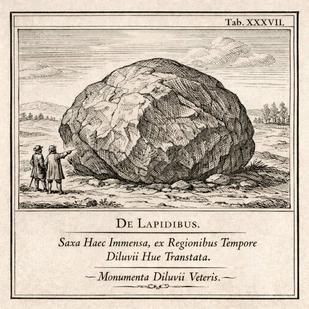 Bludný balvan v severním Německu na mědirytině z 18. století jako pozůstatek potopy světa. ChatGPT.