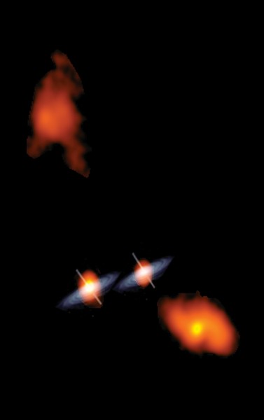 Vizualizace supermasivních černých děr v galaxii 0402+379. Kredit: UNM.