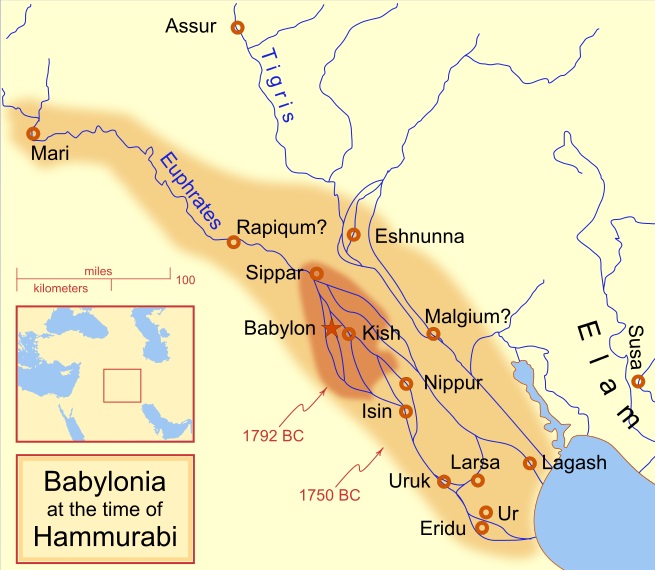 Mezopotámie pod nadvládou Babylonu, krátce po vzniku tabulky Plimpton 322. Kredit: MapMaster/Wikimedia Commons.