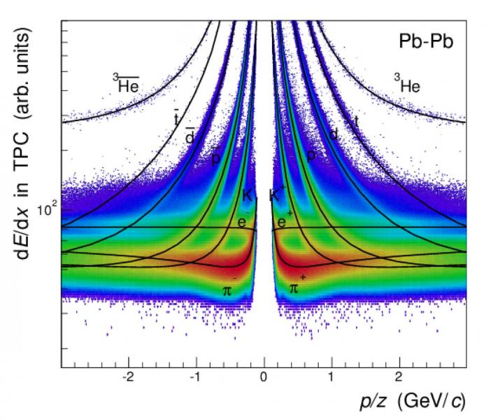 ZobrazenĂ­ identifikace ÄŤĂˇstic pomocĂ­ mÄ›Ĺ™enĂ­ ztrĂˇt energie v ÄŤasovÄ› projekÄŤnĂ­ komoĹ™e (TPC) (zdroj ALICE).