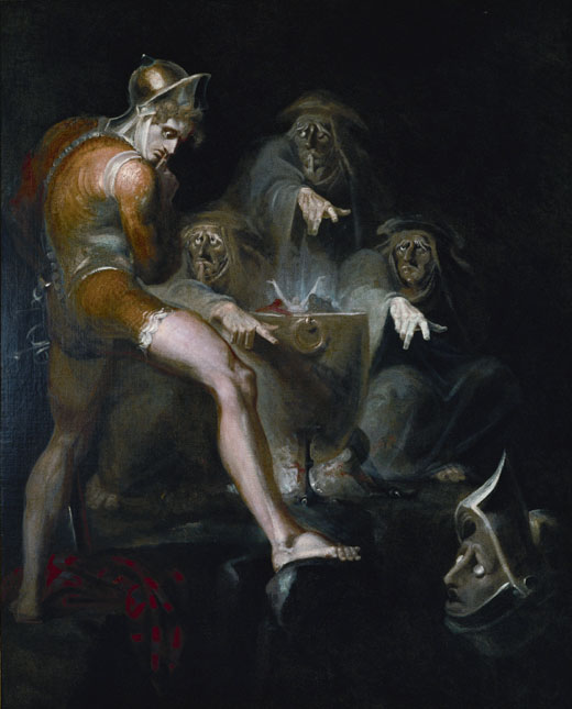 Macbeth naslouchá zjevení hlavy v přílbici. Henry Fuseli, 1793–94. Folger Shakespeare Library, Washington, volné dílo.