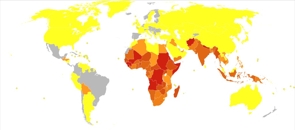 Počet úmrtí na spalničky na 1 milion obyvatel. Kredit: Chris55 / Wikimedia Commons.