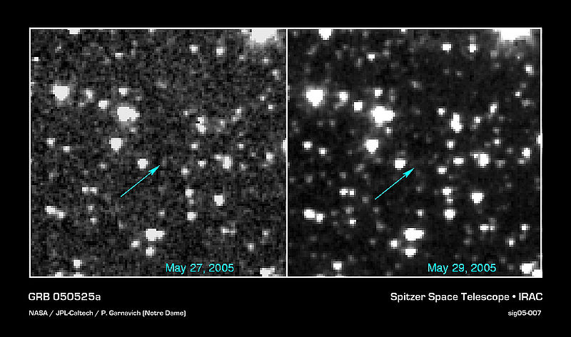 Dosvit objektu po gama záblesku. Kredit: NASA/JPL-Caltech/P. Garnavich (Notre Dame).