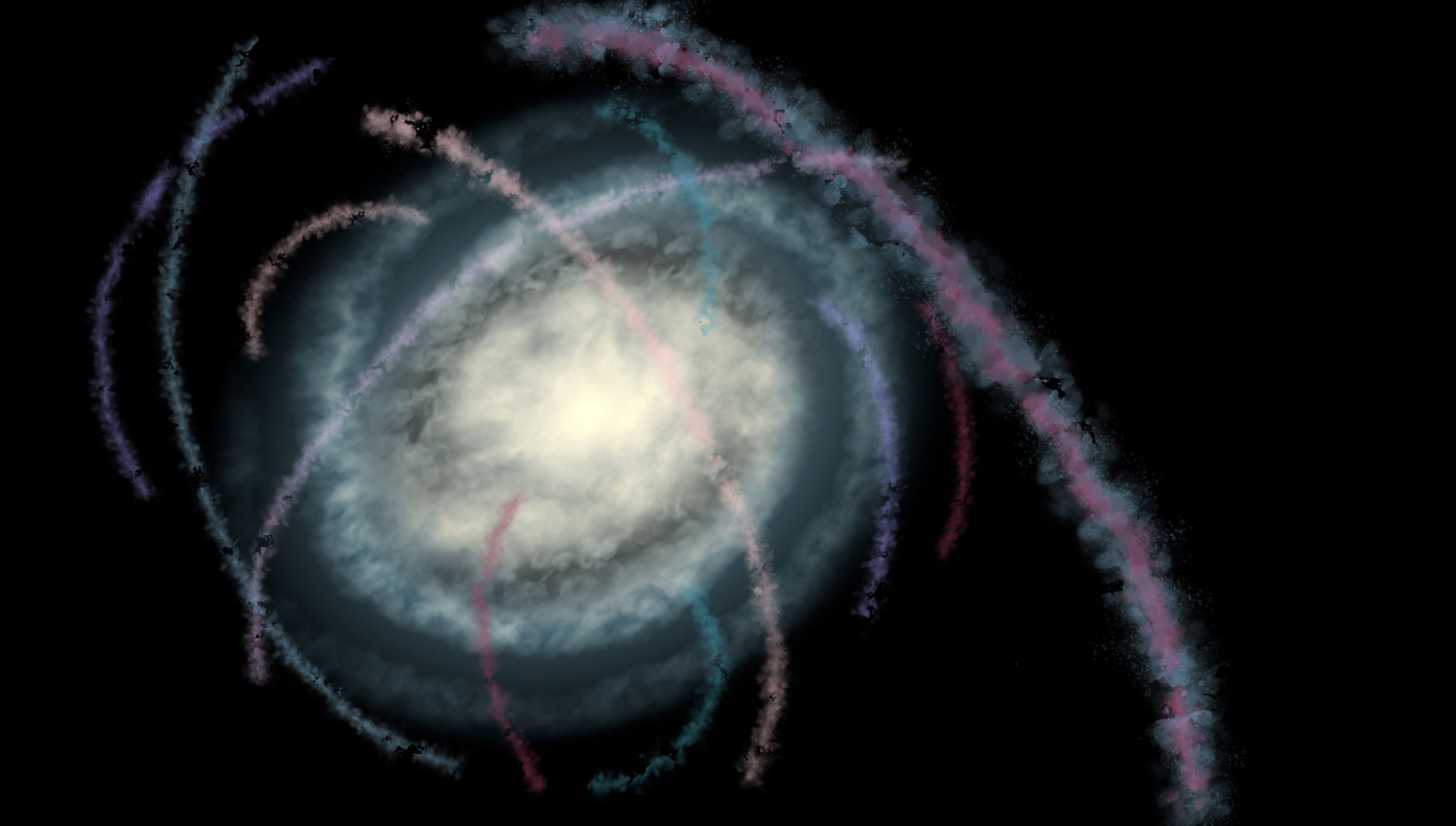 Virtuální znázornění dvanácti hvězdných proudů sledovaných projektem S? z pohledu k jižního pólu Galaxie. Kredit: Geraint F. Lewis, S? Collaboration
