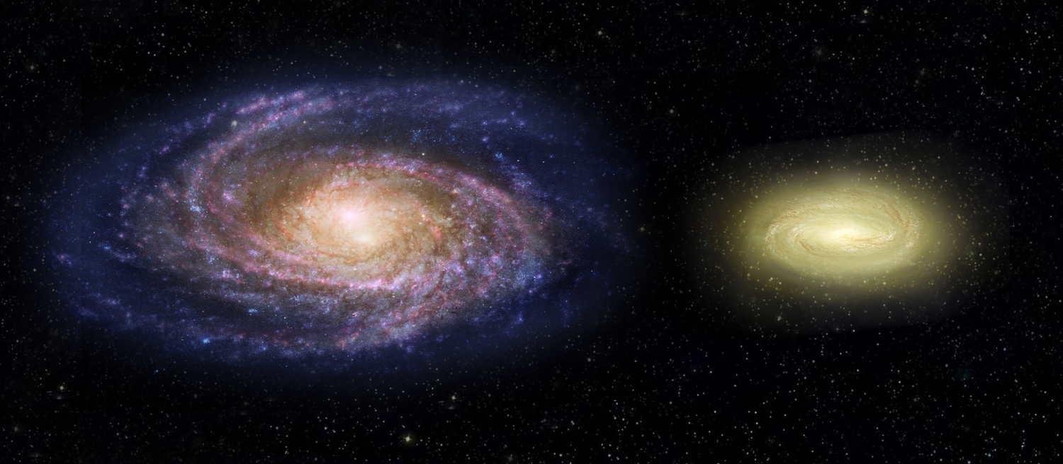 Vlevo Mléčná dráha, vpravo MACS2129-1. Kredit: NASA, ESA, and Z. Levy (STScI).