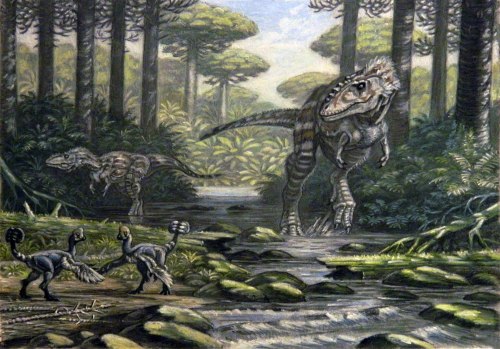 Alioramové byli štíhlí a a obratní dravci, kteří dokázali chytit a ulovit jiné rychle se pohybující dinosaury – jako byl například i nalevo zobrazený menší oviraptorosaur druhu Nomingia gobiensis. Kredit: ABelov2014; Wikipedia (CC BY 3.0)