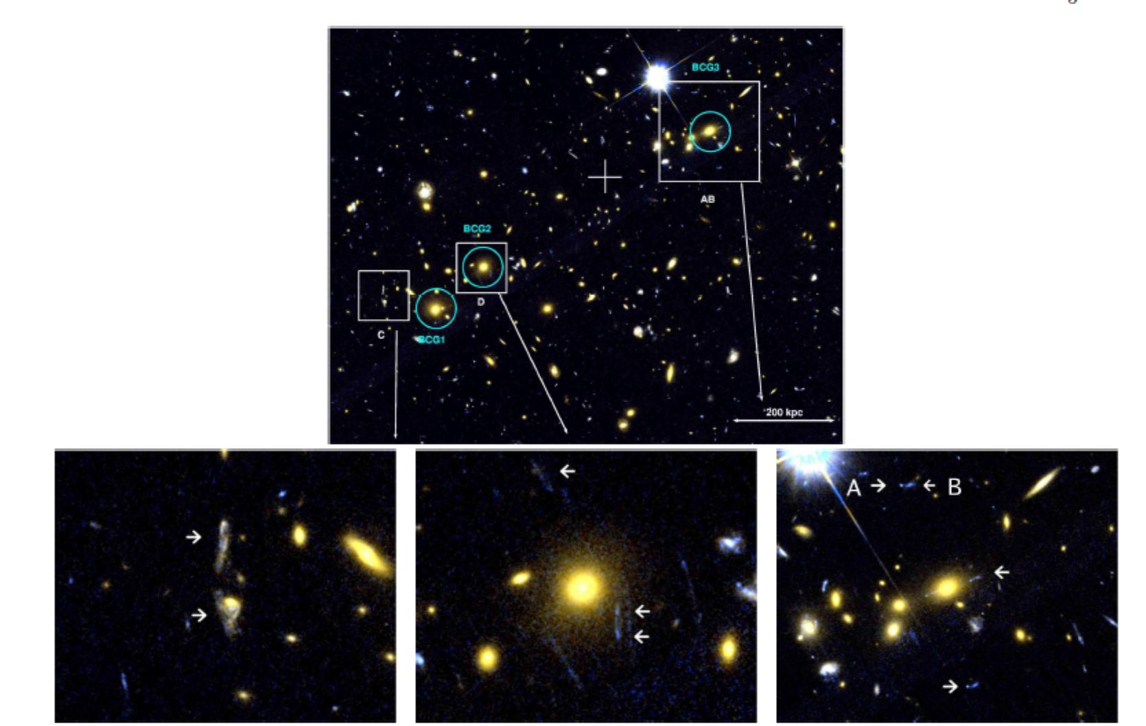 Ukázka silného gravitačního čočkování u některých nejmasivnějších galaxií z kupy Kulka - 1E 0657-558 (zdroj M. Bradáč, S.W. Allen, T. Treu et al, arXiv:0806.2320v2)