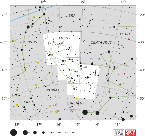 SouhvÄ›zdĂ­ Vlka. Kredit: IAU and Sky & Telescope magazine (Roger Sinnott & Rick Fienberg).