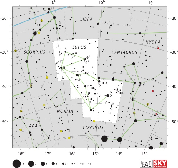 SouhvÄ›zdĂ­ Vlka. Kredit: IAU and Sky & Telescope magazine (Roger Sinnott & Rick Fienberg).