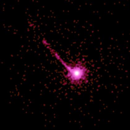 Kvasar PKS 1127-145 sÂ vĂ˝raznĂ˝m rentgenovĂ˝m vĂ˝tryskem, vzdĂˇlenĂ˝ zhruba 10 miliard svÄ›telnĂ˝ch let. Kredit: NASA/ CXC/ A.Siemiginowska(CfA)/ J.Bechtold(U.Arizona).