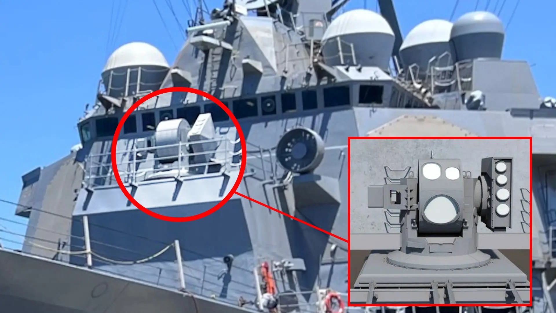 Torpédoborec USS Preble s laserovým systémem HELIOS. Kredit: USN/Lockheed Martin.