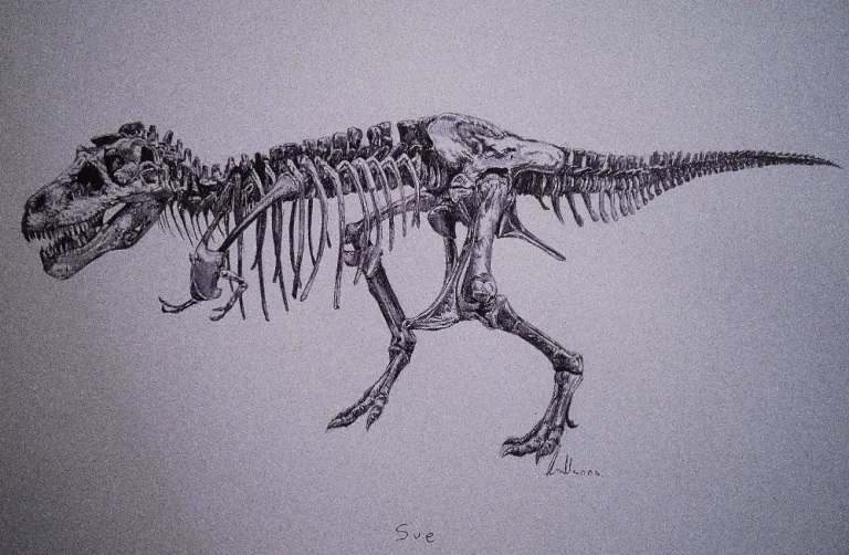 Ilustrace kostry „Sue“, nejkompletnějšího a jednoho z největších známých kosterních exemplářů tyranosaura. I při odhadované hmotnosti téměř 8,5 tuny mohl být tento obr menší než „Scotty“ (8,9 tuny) a především pak „E. D. Cope“ (10,6 tuny?). Kredit: V