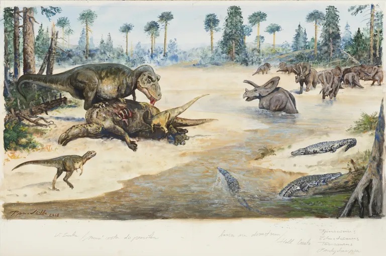 Idealizovaná představa ekosystému typu záplavové nížiny v rámci souvrství Hell Creek. Na ilustraci pojídá uloveného hadrosaurida rodu edmontosaurus dospělec tyranosaura se dvěma mláďaty, v pozadí se nachází stádo rohatých torosaurů. Scénu doplňují al