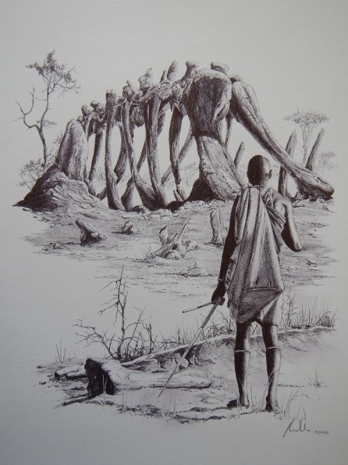 Domorodec na území nynejší Tanzanie, prohlížející si před stoletím fosilní kosti obřích pozdně jurských sauropodů. Před příchodem evropských vědců byly v oblasti kolem Tendaguru rozšířené legendy o obřích podzemních lidožroutech, chytajících nebohé s