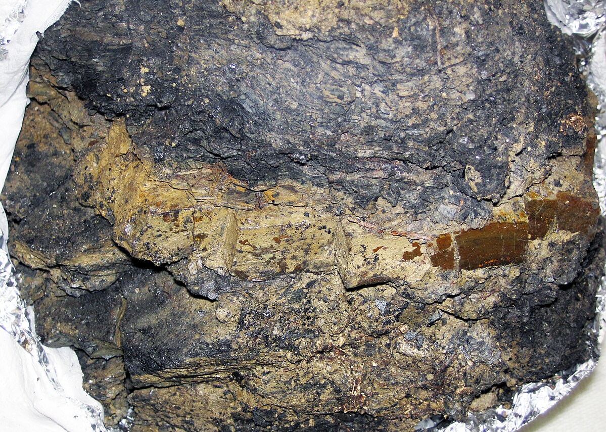 Detailní pohled na jílovou vrstvu obohacenou iridiem (světlejší pruh uprostřed), představující v geologickém záznamu jasný předěl mezi druhohorní a kenozoickou érou. Pochází z geologického souvrství Raton v Coloradu, má stáří 66,0 milionu let a souvi