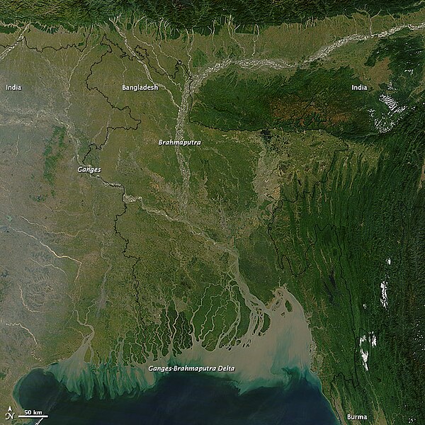 Soutok Gangy s Brahmaputrou v Bangladéši. Kredit: NASA, Wikimedia Commons, CC BY-SA 4.0.