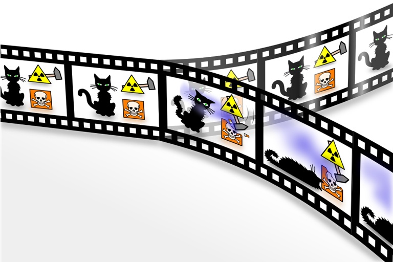 Schrödingerova kočka podle mnohasvětové interpretace. Kredit: Christian Schirm, Wikmedia Commons.