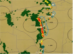 Ukázka soudobého nowcastingu, zatím bez umělé inteligence. Kredit: NASA/Wikimedia Commons.