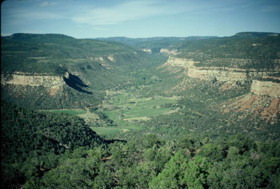 Pohled z paleontologické lokality Dry Mesa Quarry v jihozápadní části Colorada, místa objevu typového exempláře druhu Supersaurus vivianae. Dobře patrný je kaňon Escalante. Podobný pohled se v 70. a 80. letech minulého století nabízel Jamesi A. („Jim