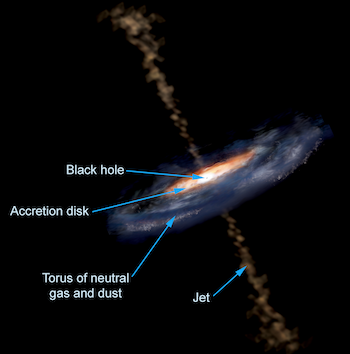 Aktivní galaktické jádro, včetně oblasti s chladným prachem a plynem. Kredit: Aurore Simonnet, Sonoma State University.